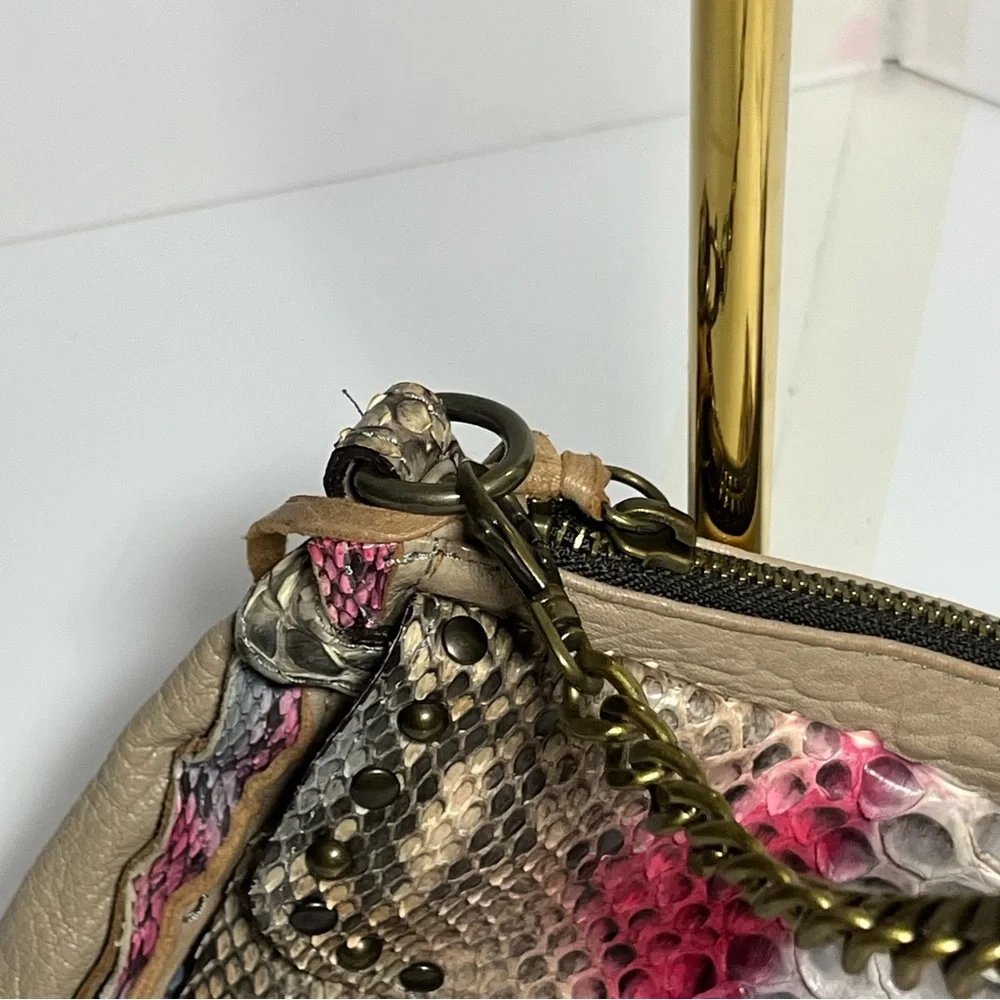 ABACO Paris Made France Leather Python Embossed Chain Crossbody Bag Pink Taupe